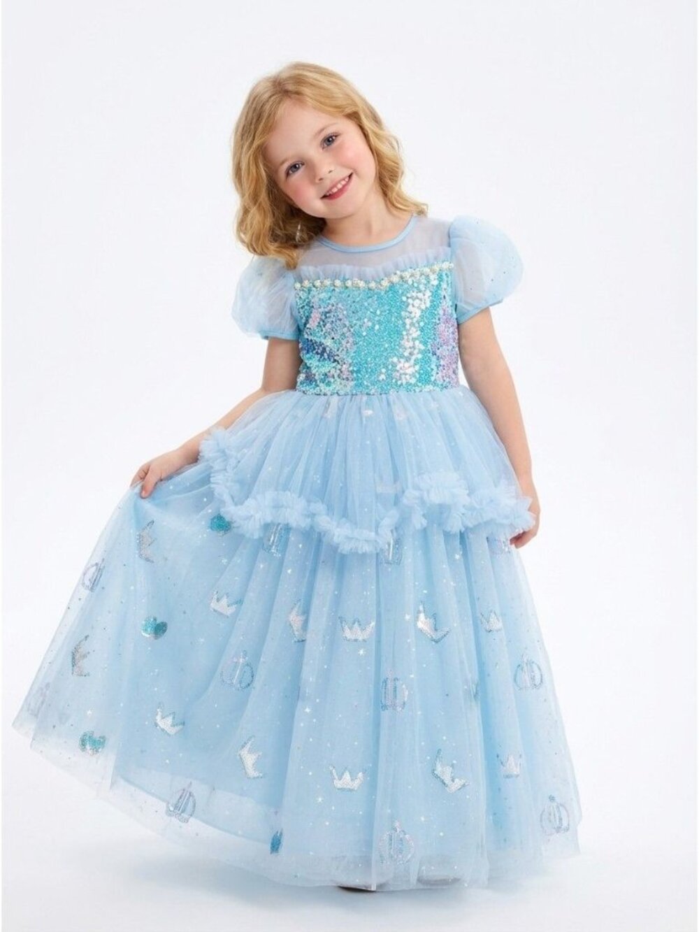 Girls Blue Princess Dress with Sparkly Cape